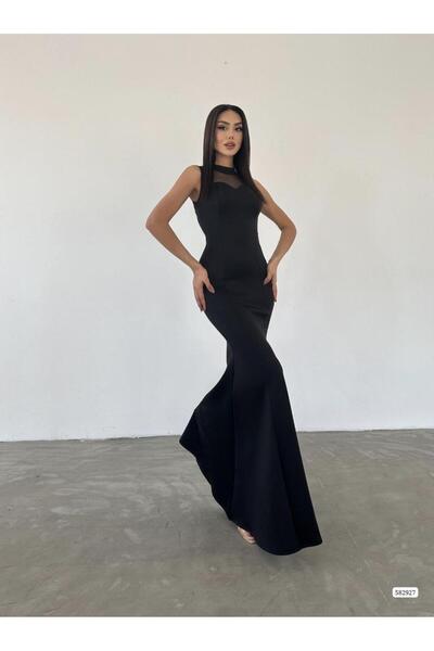 Modafeminen Sequined Tulle Mesh Detailed Strappy Maxi Length Mermaid Model Long Evening Dress 582927 Black