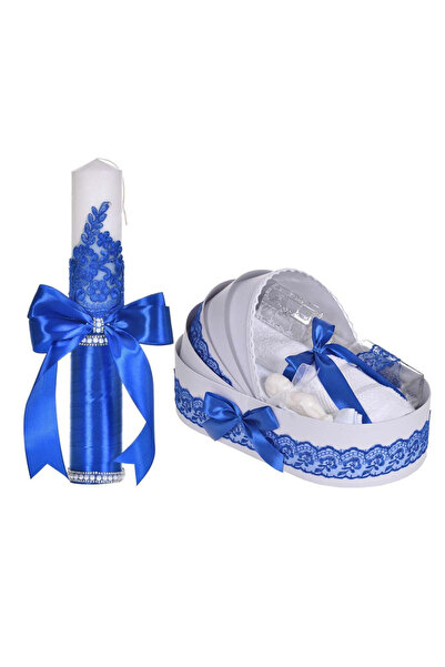 BebeNou Κομψό Σετ Βάπτισης, Μπλε Δαντέλα, Λαμπάδα & Κιτ, Denikos®