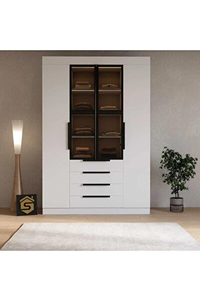 Stylish Home Modern Wardrobe with Black Glass Doors and Storage Drawers (Lighting Not Included) - DLB05-AS