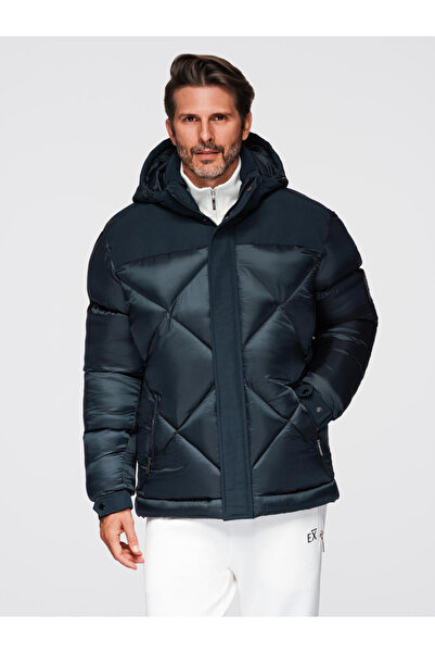 OMBRE Pánská bunda s kapucí a geometrickým kostkovaným vzorem - tmavě modrá V2 OM-JAHP-0237