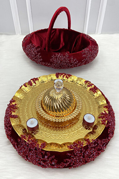 ZEYMERADE Bordo Kına Gecesi Tepsi Sepet Gelin Takımı, Lüks İthal Kadife Cam B...