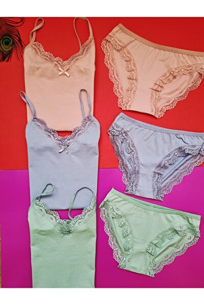 Demirsa Boutique Lace Cotton V-Neck Rope Strap L Stretch Fabric Women's Tank Top-Panty Set Green, Blue and Powder Color Set of 3