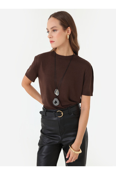 Refka Yumuşak Tuşeli Kısa Kollu Triko Kazak - Kahverengi -