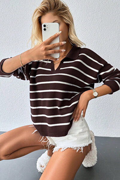 H&E LUXURY DESIGN Pulover damă cu dungi și guler tip polo