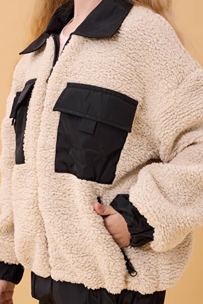 Perendi Girl's Shirt Collar Pocket Plush Winter Coat Beige