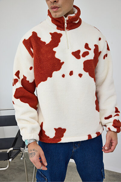 MADZEYMODA Premium Men's Half Zipper Mock Neck Tile - White Patterned Plush Sweatshirt Ls-86089