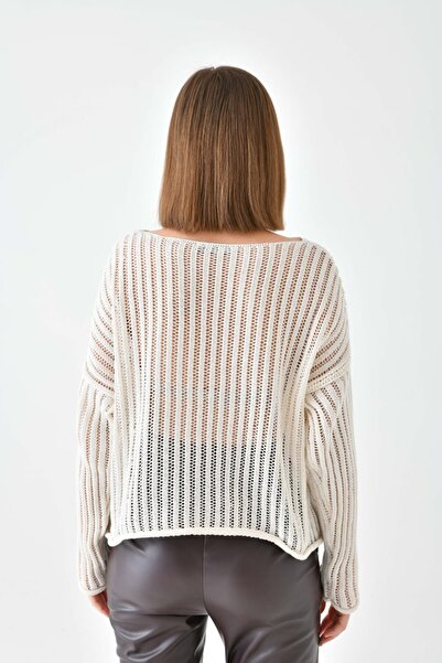 Miss Allos Women's Crew Neck Perforated Stripe Pattern Knitwear Sweater