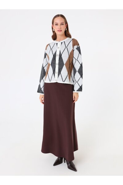 Benin Gold Buttoned Diamond Patterned Knitwear Cardigan -Diamond Patterned-