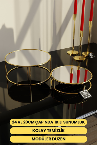 mba decor metal bending art Bellezza Model Gold Aynalı Sunum Tepsisi – İkili Set | Dekoratif & Şık Sunum 24cm 20cm Çap