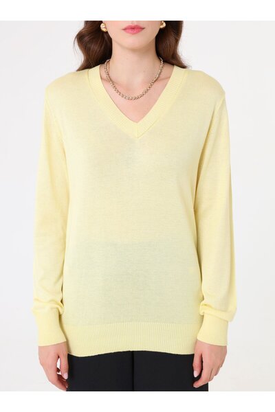 Refka V Yaka Klasik Triko Kazak - Acik sari -