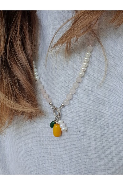 Abundo Necklace made of rose quartz, cultured pearls and jade with 925 silver, 60 cm