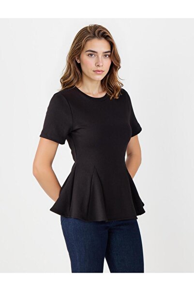 Jimmy Key Siyah Bisiklet Yaka Kısa Kollu Volanlı Örme Bluz