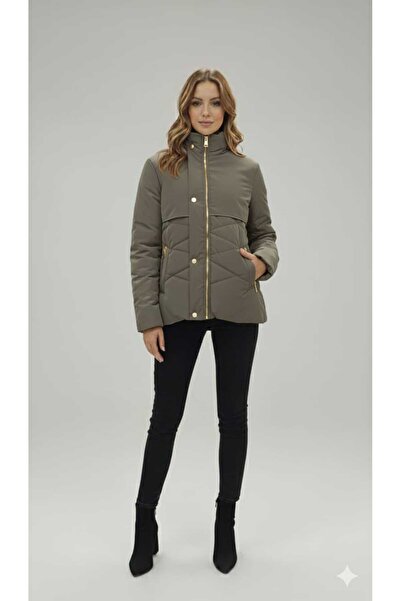 KMKkombin Women's Short Nova Fabric Lining Zippered Inflatable Coat with Hat