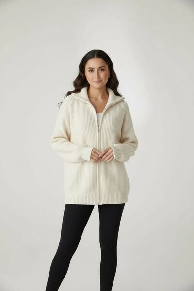 Bliss Women's Turn-Down Collar Zippered Knitwear Cardigan
