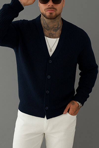 Tarz Cool Men's Navy Blue Regular Fit Buttoned V-Neck Knitwear Cardigan