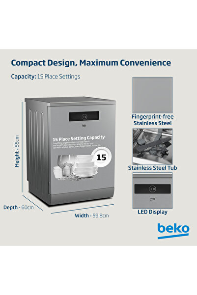 Beko Freestanding Dishwasher 15 Place Settings, 8 Programmes,3 Racks, A++ Energy,‎ BDEN38523XQ(Inox)