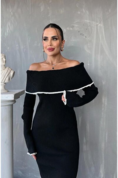 TRENDLİA فستان تريكو طويل الأكمام بياقة مادونا وتفاصيل خطية بطول متوسط