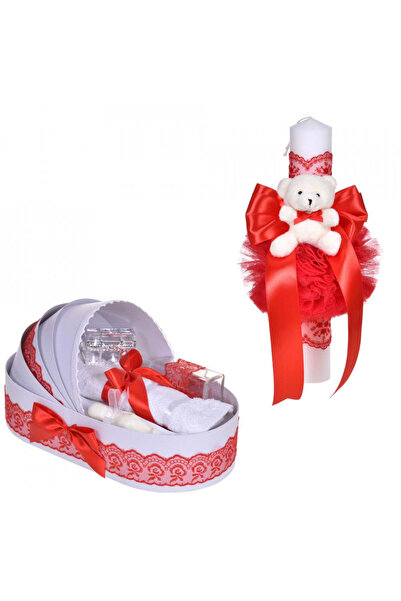 BebeNou Set de botez cu lumânare și ornament de pluș din dantelă roșie