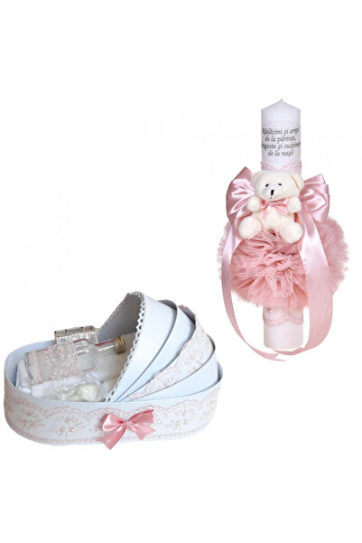 BebeNou Set botez în cutie leagăn și lumânare fete dantelă roz