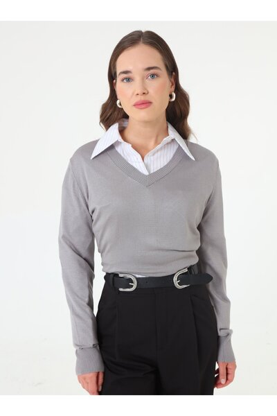 Refka V Yaka Klasik Triko Kazak - Gri -