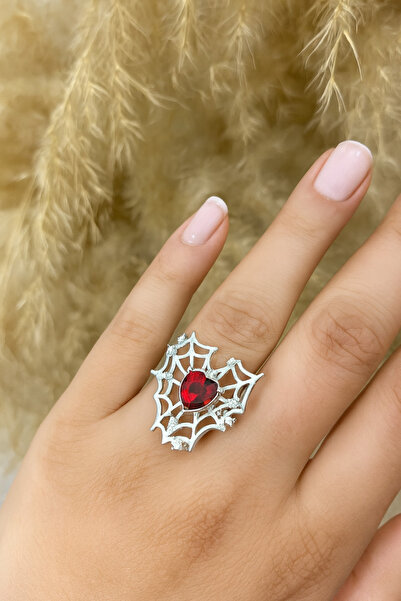 Herşey Nota خاتم أحمر بتصميم قلب وعنكبوت - رمز للشغف والقوة والأناقة القوطية