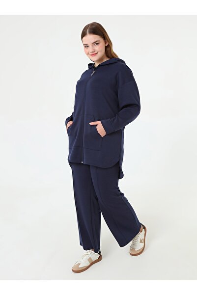 ALİA Fermuarlı Kapuşonlu Spor Sweatshirt&Pantolon Büyük Beden Takım - Lacivert -