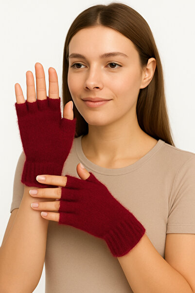 CapZone Burgundy Women's Half Finger Plush Gloves - Soft Textured Winter Gloves