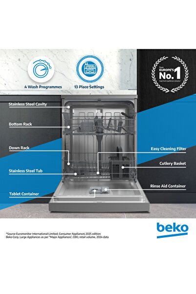 Beko Freestanding Dishwasher 13 Place Settings, 4 Programmes, 2 Racks, Half-load, DVN04X20S(Silver)