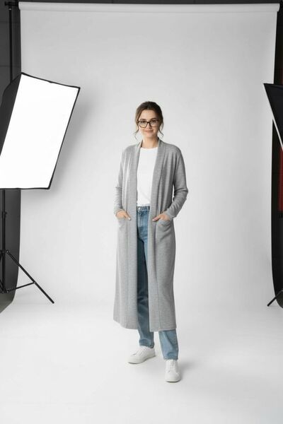 Bliss Women's Double Pocket Shawl Collar Long Length Knitwear Fabric Cardigan