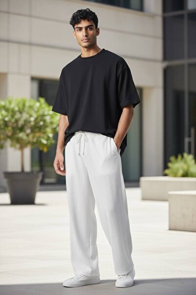 Butik Baggy White Color Ottoman Stripe Detailed Trousers