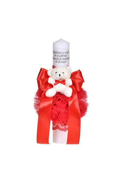 BebeNou Lumânare de botez cu ursuleț roșu, fundă din dantelă, Denikos® C1042