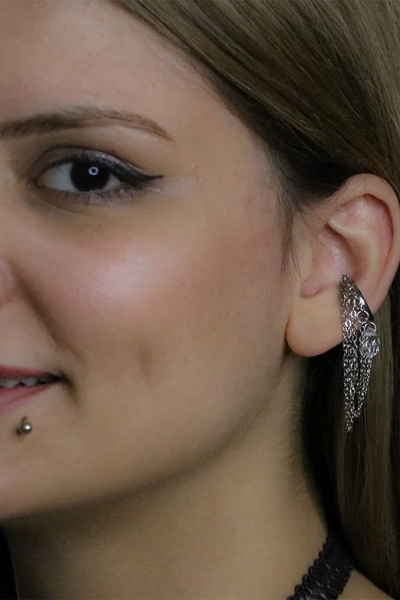 Cadının Dükkanı Kristal Taşlı Çok Katlı Zincirli Cerrahi Çelik EarCuff Küpe