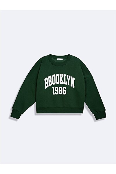 Ltb Long Sleeve Crew Neck Slogan Printed Green Sweatshirt