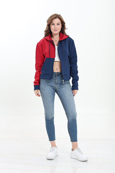 Tight Lady Puff 3-Thread Fleece Inside Asymmetric Color Block Belted Zippered Cardigan