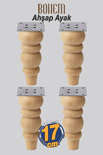 Badem10 Bohem 17 cm 4'lü Set Boyasız Ham Doğal Ahşap Ayak Silindir Mobilya Ko...