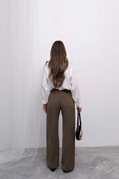 Hatun Atila Relaxed Fit Pleated High Waist Elasticated Back Palazzo Pants 4315 - Khaki