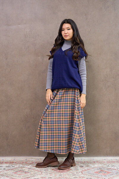 KÜÇÜĞÜM BUTİK Fusta în carouri în patru piese, portocalie, evazată