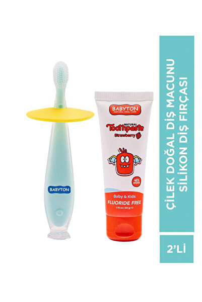 BABYTON Doğal Çilekli Florürsüz Diş Macunu - Silikon Diş Fırçası