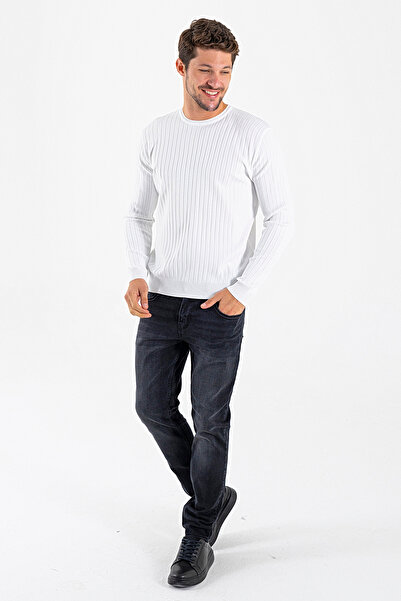 JB John Borners Men's Crew Neck Corded Fabric Knitwear Sweater White - K-2602