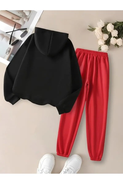 WOODROFFE Dear Lover Combination Printed Red Tracksuit / Black Hoodie Oversized (2 Sets 4 Pieces)