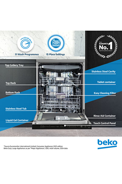 Beko Freestanding Dishwasher 15 Place Settings, 11 Programs, 3 Racks, Auto dose, BDEN38533GC(Grey)