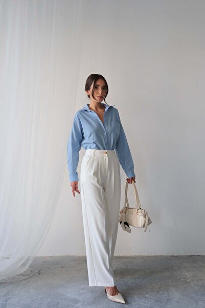 Hatun Atila Широкі штани з високою талією, золотими ґудзиками та подвійними манжетами 4317 - білі