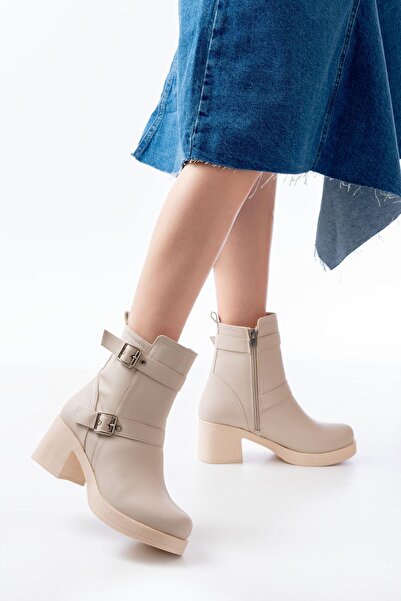 Aymood 5109-3027 Beige Heeled Zippered Daily Women's Boots