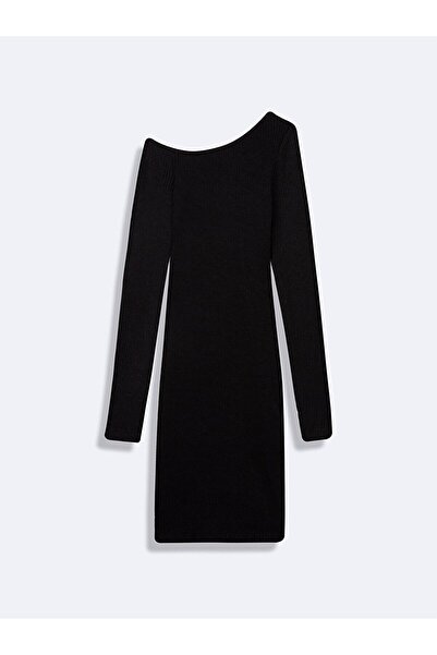 Ltb Long Sleeve Asymmetrical Neckline Black Dress