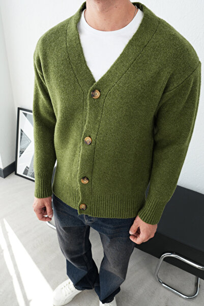 İLKCET MODA Men's Khaki Oversized Premium Knitwear Cardigan