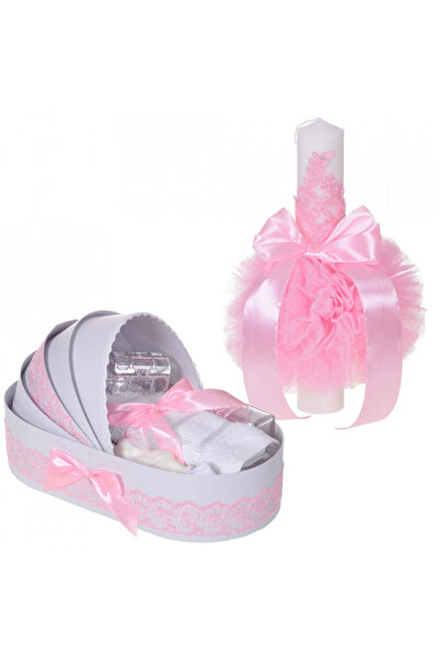 BebeNou Κομψό Σετ Λαμπάδας & Προίκας Βάπτισης για Κορίτσια - Ροζ