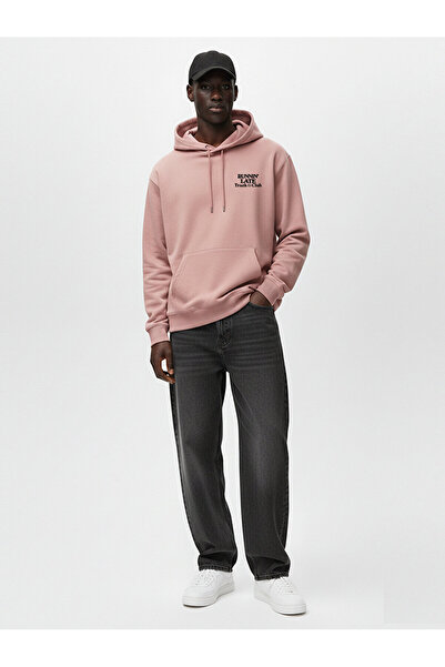 Ltb Long Sleeve Hooded Slogan Printed Pink Sweatshirt