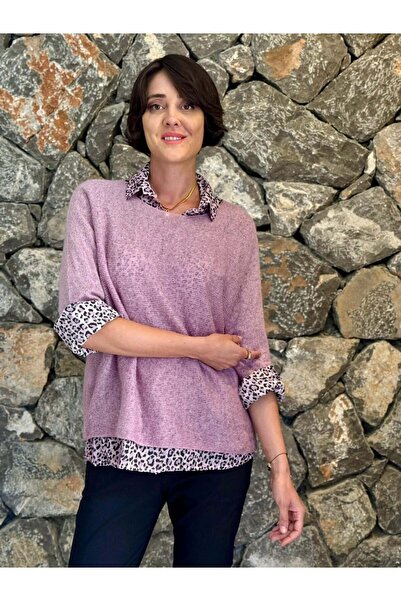 Punta Otantik Nc516020 Italian Leopard Pattern Scarf Men's Collar Sweater Lilac