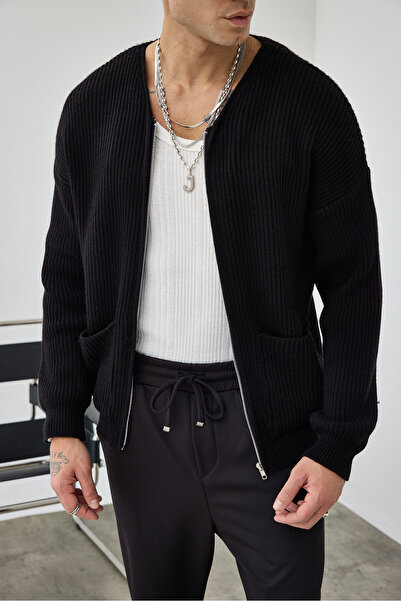 MADZEYMODA Преміум чоловічий светр з блискавкою чорного кольору LS-62003