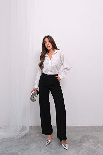 Hatun Atila Relaxed Fit Pleated High Waist Elasticated Back Palazzo Pants 4315 - Black